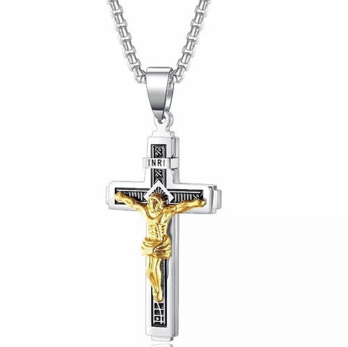 Collier Pendentif Croix - 2 Moules Argenté Et Doré - En Acier - Neuf Sans Emballage