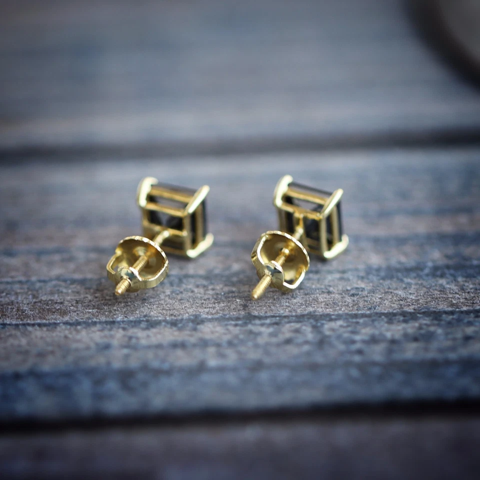 Pequeños aretes de ónix negro hip hop de plata de ley 925 enchapados en oro de 14k para hombre Foto 4 de 4