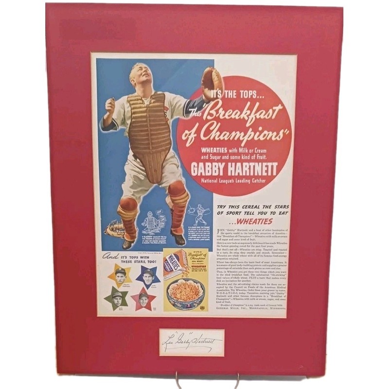Cubs Baseball H.O.F. Leo "Gabby" Hartnett, clipped signature on 1938 Wheaties Ad