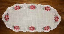 Vintage Embroidered Line Table Doillie w/Poinsettias 16.75? X 8.5?
