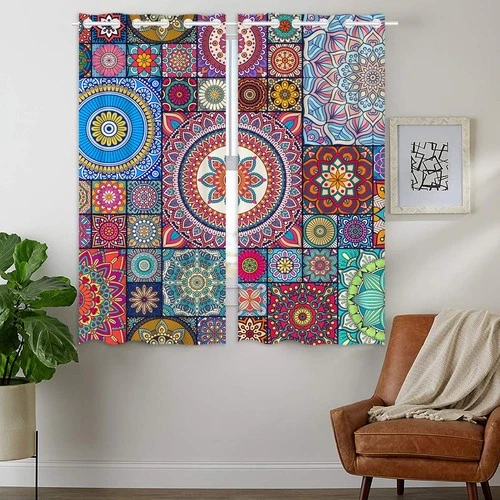 Thermal Blackout Ring Top Curtain Mandala Stitching – Black 110x160cm (2pc)
