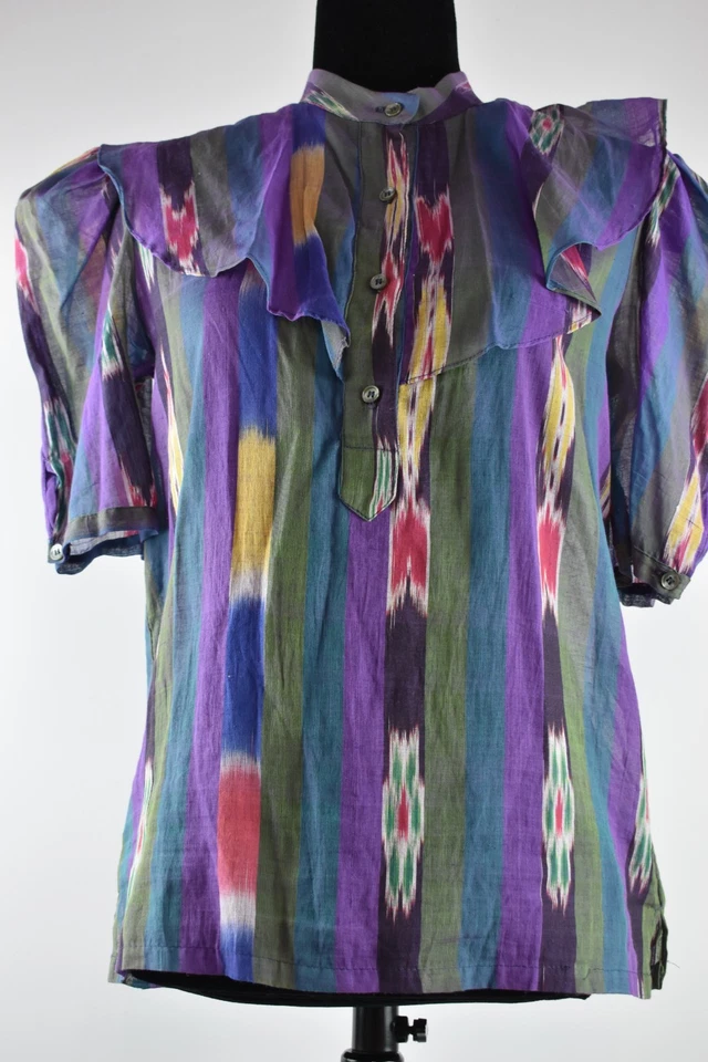 Blusa Top Puff De Colección Geoffrey Beene Talla 8 Multicolor Cuello Alto Algodón Manga Corta Foto 3 de 4