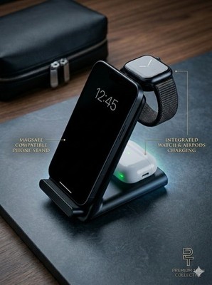 3-in-1 Fast Wireless Charging Station Stand (Black) - Model X3 Pro w Power Supp.