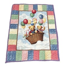 Vtg Blue Jean Teddy Bear Baby Quilt Nursery Blanket Hot Air Balloon