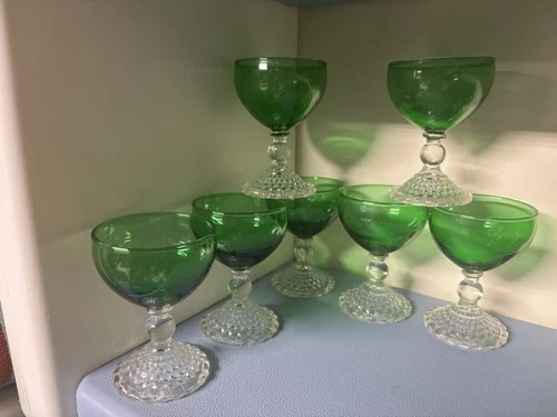 7  Anchor Hocking Forest Glasses Green Boopie Sherbet Pedestal Champagne Vtg 4”