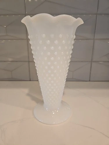 Fenton Hobnail Milk Glass Vase Scalloped Edge Vintage Decor