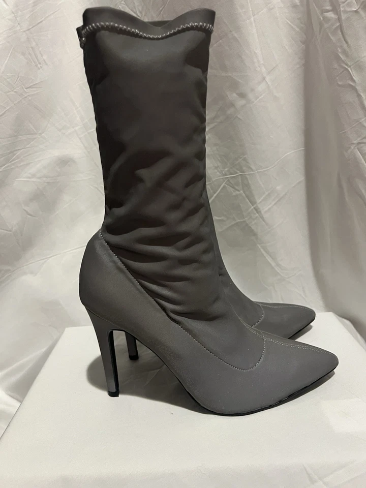 Bota feminina outono salto alto cetim biqueira pontiaguda salto curto salto fino meia elástica - Imagem 4 de 4