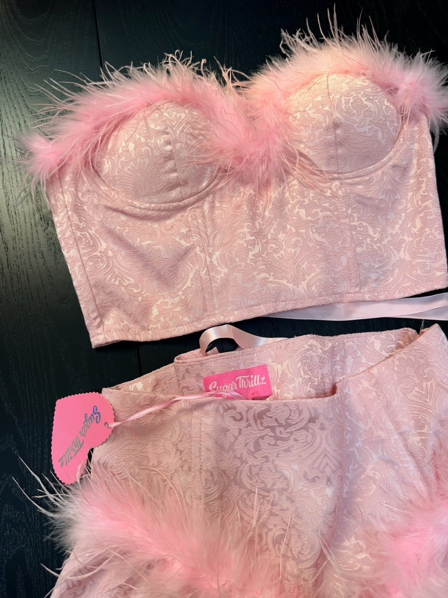 Sugar Thrillz Soft Pink Feather-Trim Corset Top & Matching Skirt