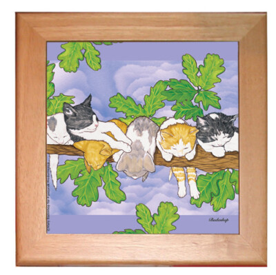 Cat Kitchen Ceramic Trivet Framed in Pine 8'' x 8''
