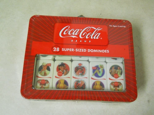 Coca-Cola 28 Super Sized Dominoes w/ Vintage Advertising Scenes in Tin Lunchbox