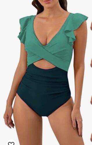 Womens One Piece Swimsuit Tummy Control Cutout High Waisted Ruffled V Neck Teal