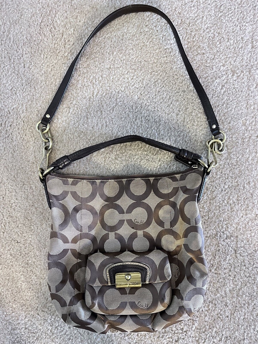 バッグ Coach Signature Khaki Canvas Hobo Bag Used Coach Signature Khaki Canvas Hobo Bag with Leather