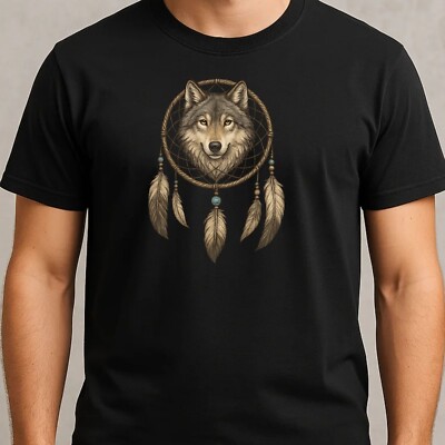 Mens Wolf Dreamcatcher Motif Cotton T-Shirt Size S to 5XL