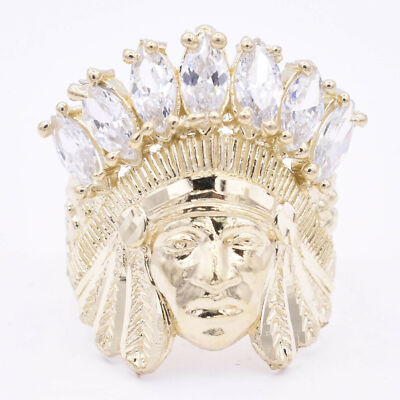 Men's Native American Indian Head All White Solid 10K Yellow Gold ALL SIZES