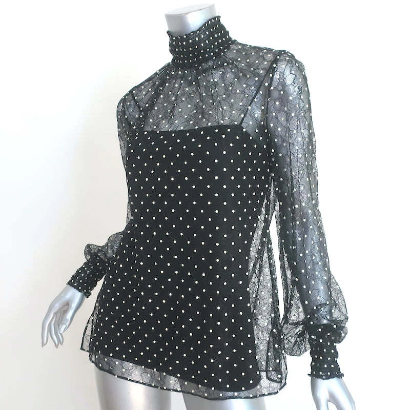 Blusa Akris Punto Lunares Encaje Negra Talla 4 Manga Larga Cuello Alto Top Foto 2 de 4