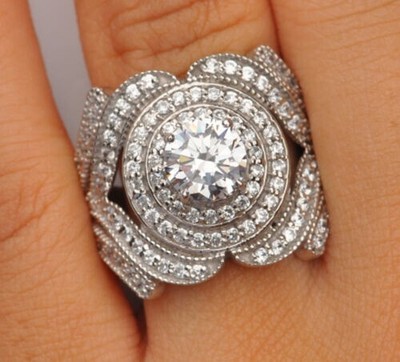14K White Gold 4Ct Round Lab-Created Diamond Solitaire With Accents Women's Ring