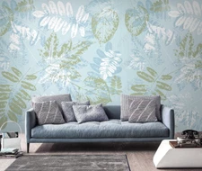 3D Fresh Leaves Pattern Blue Self-adhesive Removeable Wallpaper Wall Mural