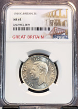 1944 GREAT BRITAIN SILVER 2 SHILLINGS FLORIN GEORGE VI WWII ERA NGC MS 62
