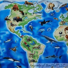 BonEful Fabric Cotton Quilt Panel Blue World US Map Sea Globe USA Animal Kingdom