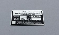 Typenschild Simson S51 N Plakette 260kg IFA VEB, blanko