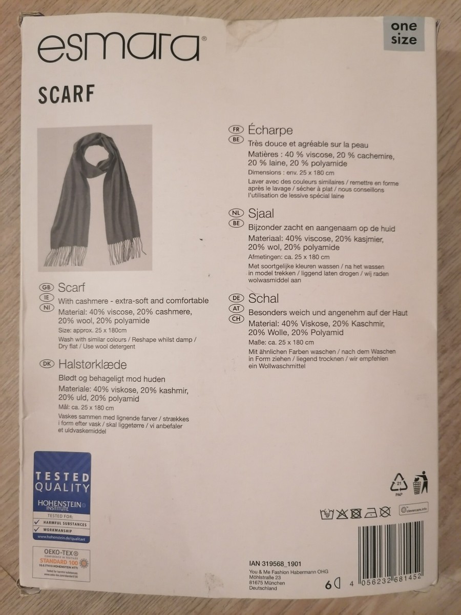 Women's ESMARA Grey Cashmere Blend Scarf (One Size Approx