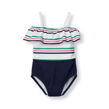 NWT Janie  Jack FLAMINGO COVE 3 4 5 6 7 Striped Ruffle Swimsuit Navy Pink Green