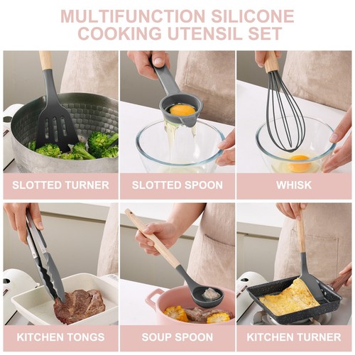 14x Silicone Kitchen Cooking Utensils Set with wooden Holder Pot Gray Pink Green - Picture 5 of 28