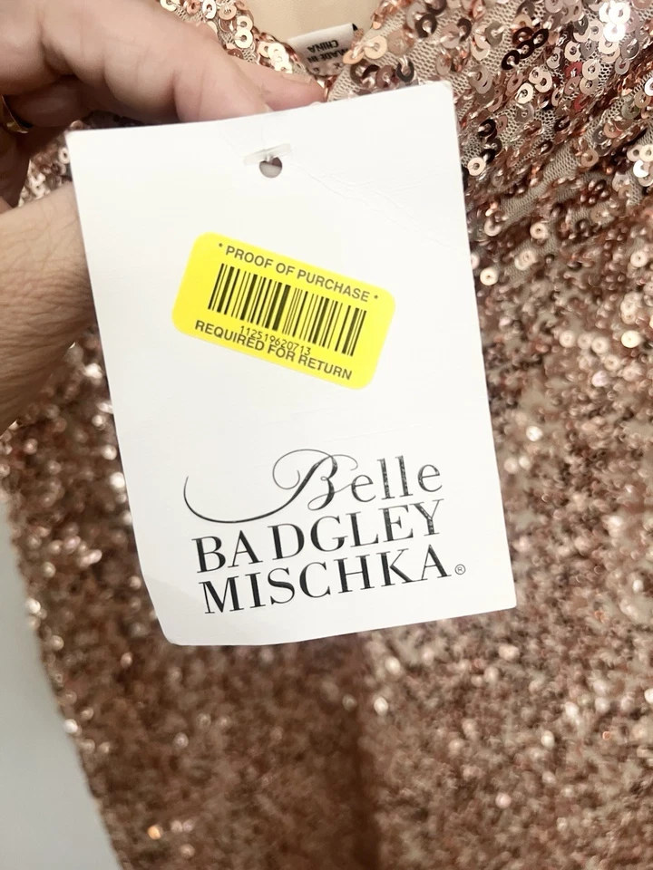 Vestido Vaina Badgely Mischka Oro Rosa Capucha Espalda Cisne Lentejuelas Talla 6 Nuevo Con Etiquetas Foto 4 de 4