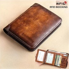 Men Wallet Genuine Leather Rfid Blocking Trifold Wallet Vintage Thin Short Multi