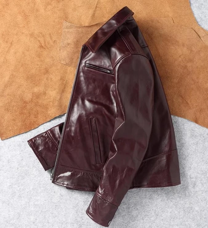 Mens Waxed Cow Leather Vintage Style American Casual Retro Biker Jacket - Image 3 of 4