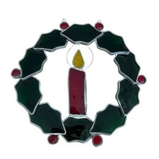 Vintage Stained Glass Christmas Wreath with Candle 8 inch Sun Catcher