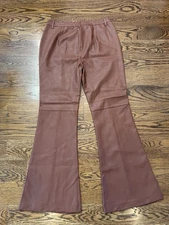 SHINESTAR Camel Colored Vegan Leather Bell-Bottom Pants. Size Large NWT!