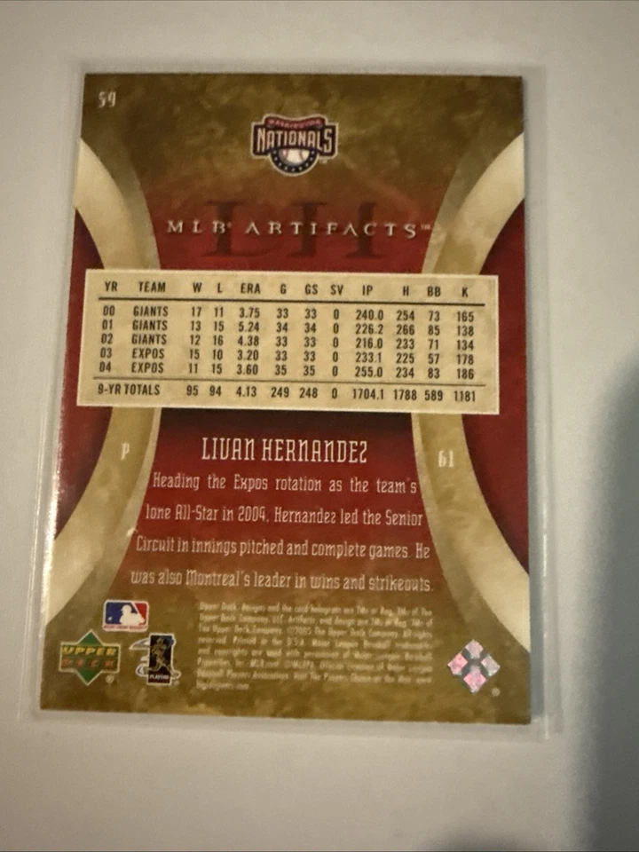 2005 Upper Deck Artifacts Livan Hernandez #59 Nationals - Image 2 of 3