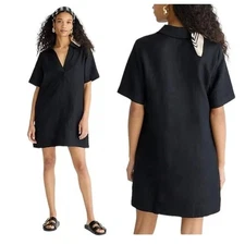 JCrew Linen Bungalow Popover Dress Linen Black Beachy Coastal Pockets Sz XL B28
