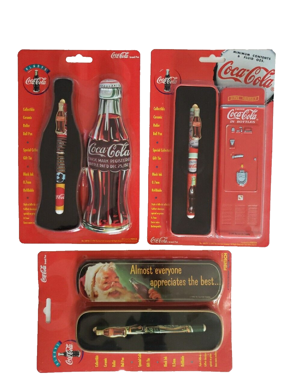 Vintage Lot of 3 1995-97 Coca-Cola Ceramic Roller Ball Pen Tin Sets New & Sealed