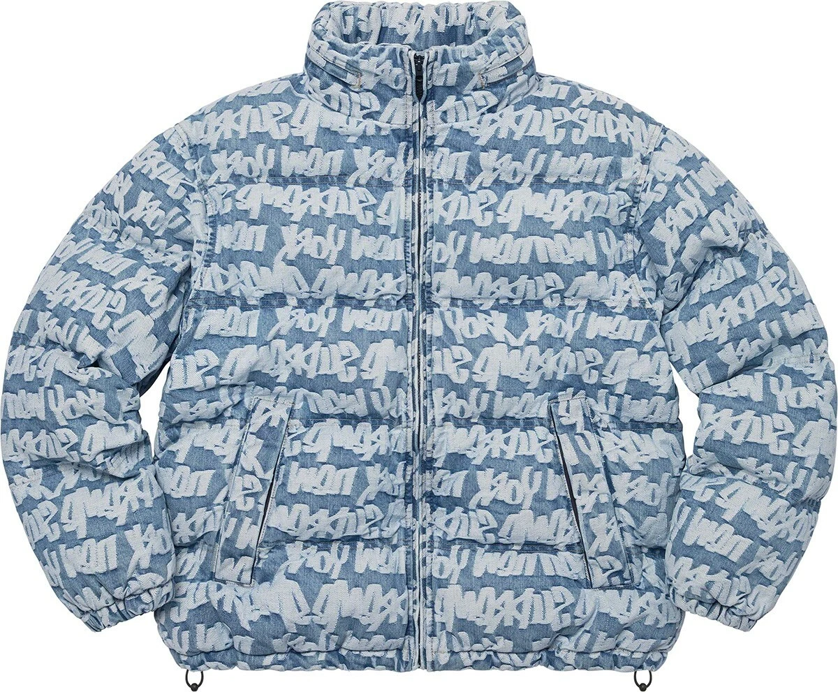 Size M - Supreme Fat Tip Jacquard Denim Puffer Jacket (Blue)