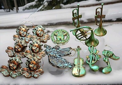 Angel Cherubs Musical 14 Pc Christmas Ornaments Plastic Antique Green Gold