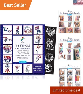 Premium Stencils Set - 146 Unique Artistic Glitter Tattoo Stencils for Kids, ...