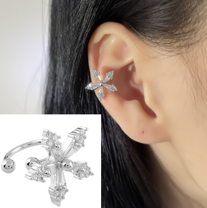 1Pc Women’s 925 Silver Plated Clover Flower CZ Cuff Earrings 13mm PE31