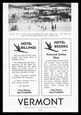 1939 Hotel Brooks Pickwick Coffee Shop Brattleboro Vermont Snow Ski Print Ad