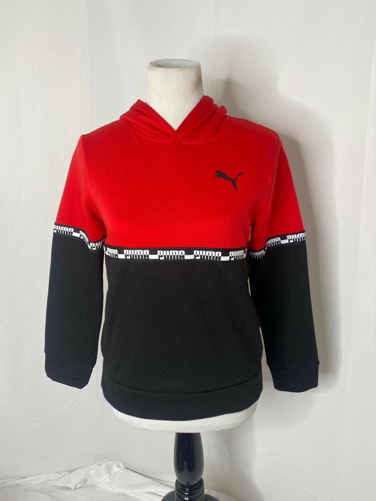 VETEMENTS Felpa con cappuccio media ragazzo Puma fascia logo rossa e nera atletica manica lunga