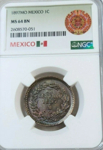 1897 MEXICO 1 CENTAVO WREATH DESIGN NGC MS 64 BN ABSOLUTELY BEAUTIFUL COIN