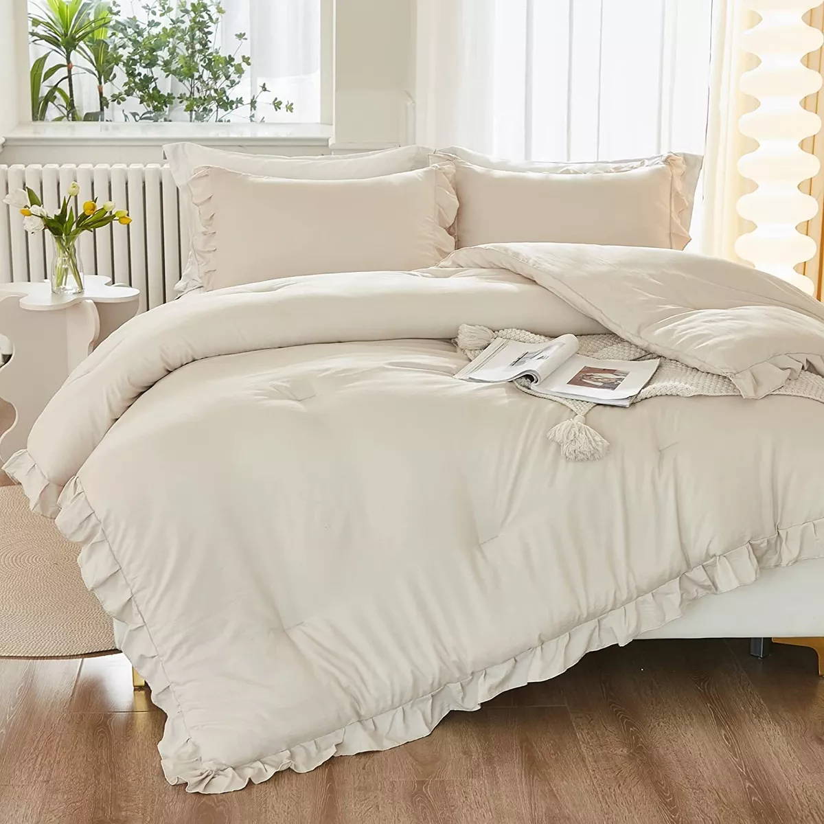 Litanika Queen Comforter Set Beige, 3 Pieces Ruffle Farmhouse Aesthetic  Bedding