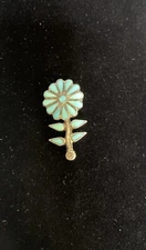 ZUNI STERLING SILVER TURQUOISE FLOWER BROOCH PENDANT OR NECKLACE C11
