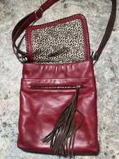 ILI New York Red Genuine Leather tassel used CrossBody Messenger Bag vintage