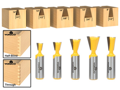 5 Bit Dovetail Router Bit Set - 1/2'' Shank - Yonico 14520