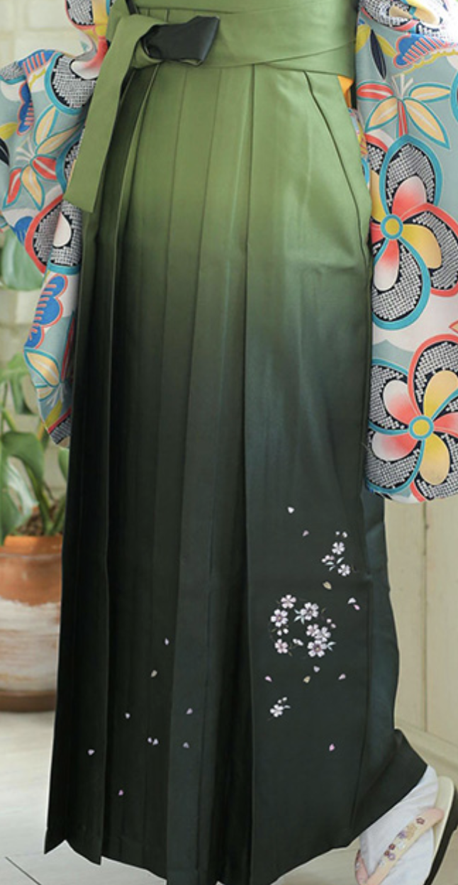 Japanese Women's Kimono HAKAMA Embroidery Gradation Skirt Sakura Green