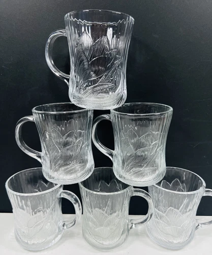 6 Arcoroc CANTERBURY CROCUS Mugs Clear Pressed Glass  Embossed 10 oz VTG France