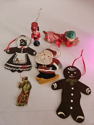 Nursery Rhyme Christmas Ornaments Wood Flat Hand Painted Wooden Set 5 Vintage