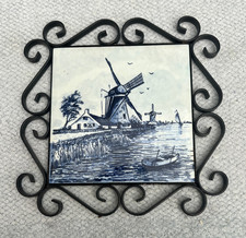 Blue & White Dutch DELFT Windmill by Canal Square Tile in Metal Trivett